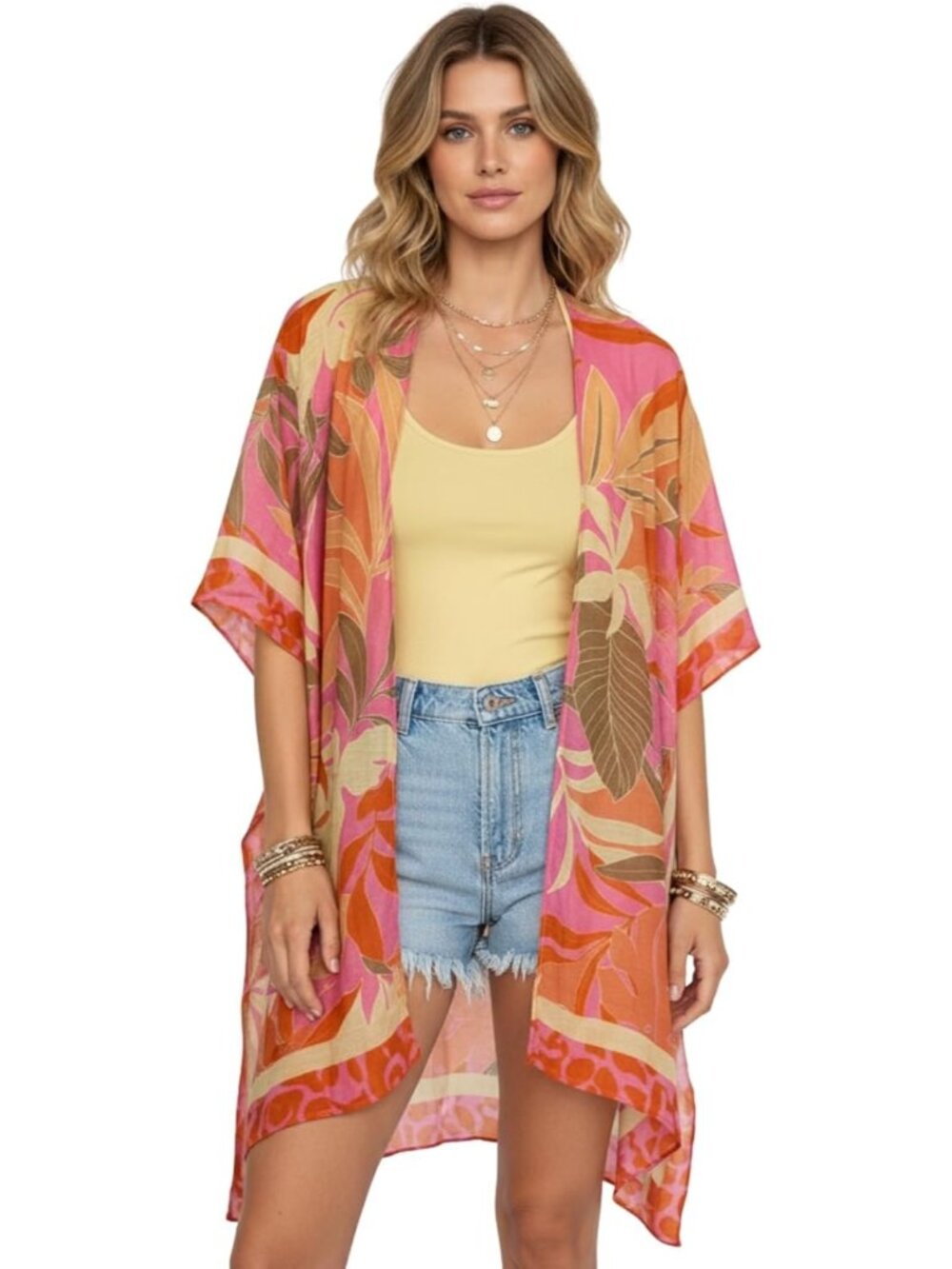 Women Rz Coral Jungle Viscose Summer Lightweight Boho Kimono Cardigan Cover up